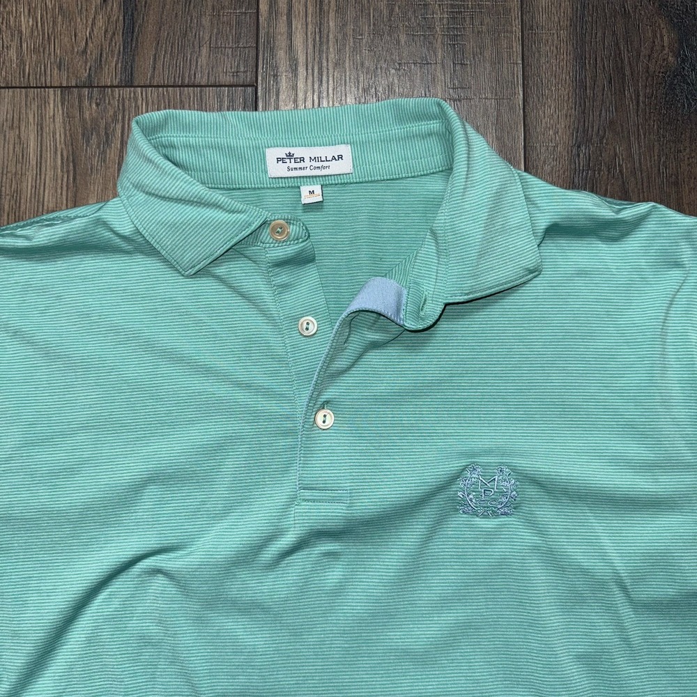 Peter Millar Summer Comfort Shirt Mens Size Medium Teal Green Striped Polo Golf
